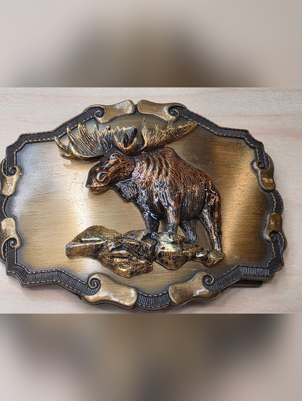 Vintage Raintree Moose Mens Belt Buckle Goldtone 3D Western Americana 70s